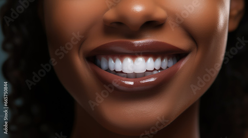 Close-up Perfect Snow-White Smile of an American African Woman. Dental Health and Dentistry Concept