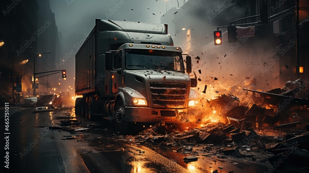 a harrowing moment captured in time: the immediate aftermath of a truck's devastating collision, amidst shattered glass and twisted metal. Ai Generated - obrazy, fototapety, plakaty 