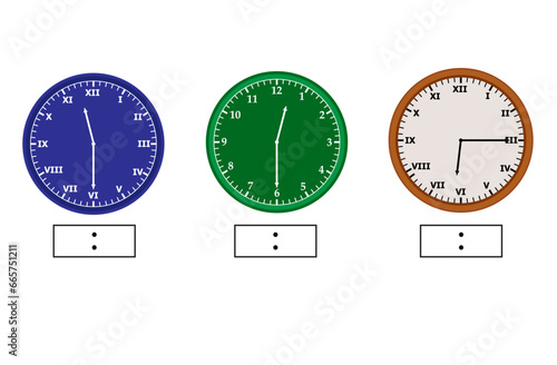 Telling time worksheet. Different color. number clock and Roman letter clock. what is the time? write the time shown on the clock Educational material for primary school students. vector illustration.
