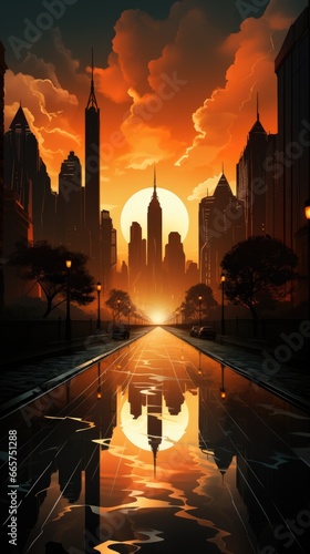 A cityscape with a sunset reflecting in a puddle. Art deco imaginary poster.