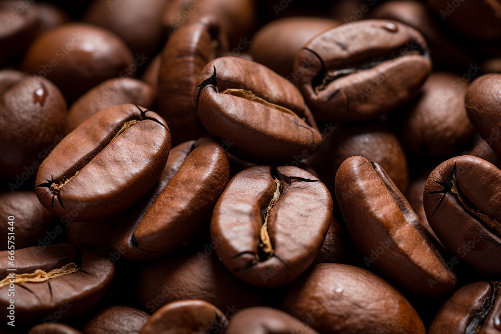 Fototapeta premium Brown coffee beans close-up. Lots of coffee beans.