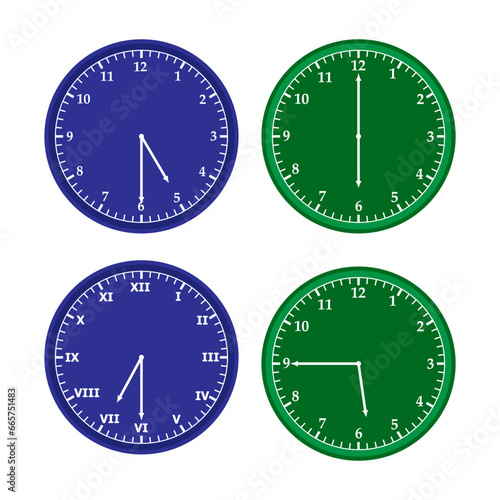 Roman letter Clock and number time 7:30 and 5:45. four clocks. set of clocks