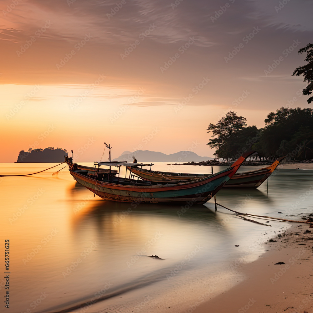 Serenity Unveiled: A Soft Focus Long Exposure Capture of Traditional Thai Boats at Rest, Anchored Near the Shoreline, bathed in the Warm-Toned Embrace of a Koh Mak Beach Sunset