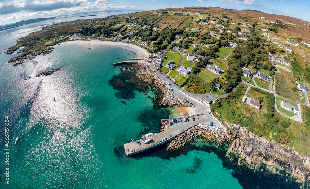 Aerial view of the pier at Leabgarrow on Arranmore Island in County Donegal, Republic of Ireland