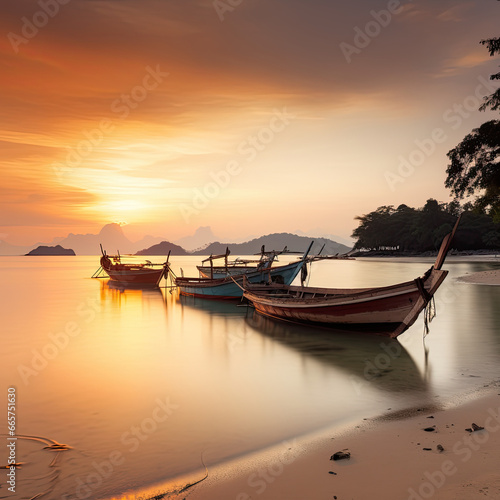 Serenity Unveiled: A Soft Focus Long Exposure Capture of Traditional Thai Boats at Rest, Anchored Near the Shoreline, bathed in the Warm-Toned Embrace of a Koh Mak Beach Sunset