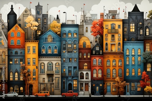 A painting of a city with a lot of tall buildings. AI image.