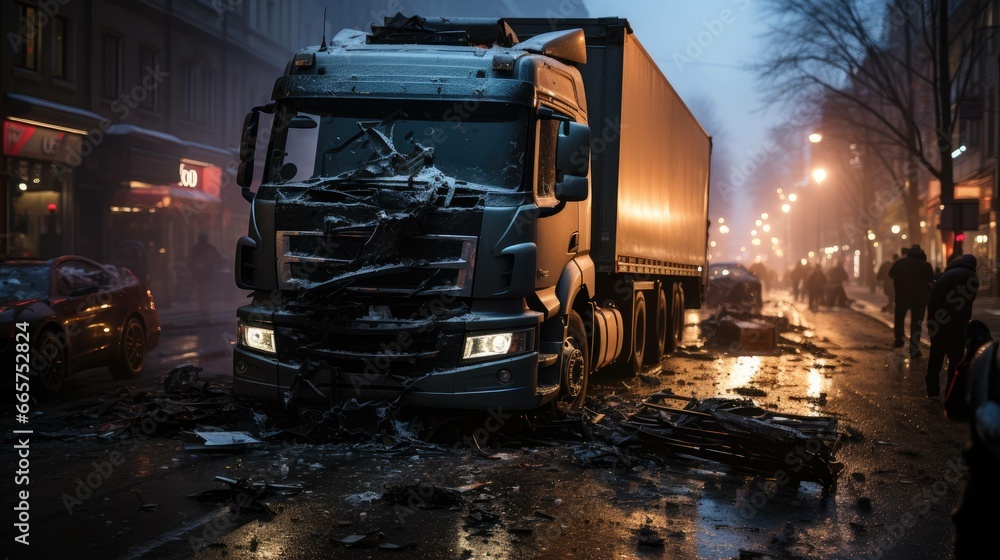a harrowing moment captured in time: the immediate aftermath of a truck's devastating collision, amidst shattered glass and twisted metal. Ai Generated - obrazy, fototapety, plakaty 