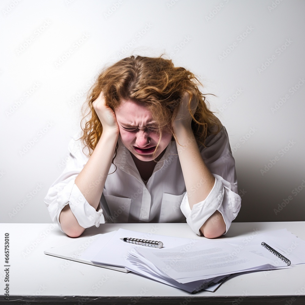 Crying young girl. Pain and depression. Sad face. Sitting with documents, agreements, bills. Life problems. Negative emotions. Generative AI Crying young girl. Pain and depression. Sad face. Sitting with documents, agreements, bills. Life problems. Negative emotions. Generative AI