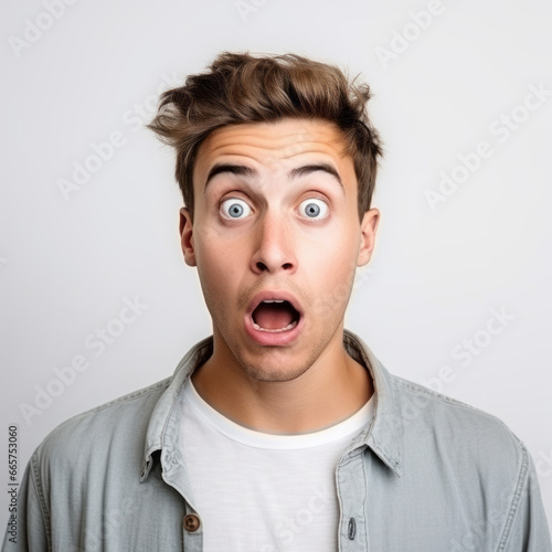 Portrait of a young caucasian man looking at the camera shocked with open mouth and wide open eyes isolated on a white background © Keitma