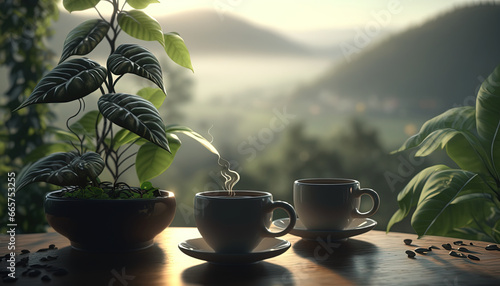 Coffee plant and coffee cups on top table morning photo