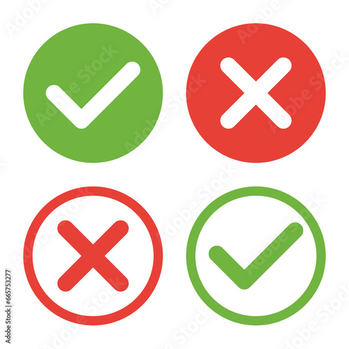Green check mark and red cross, vector icons collection