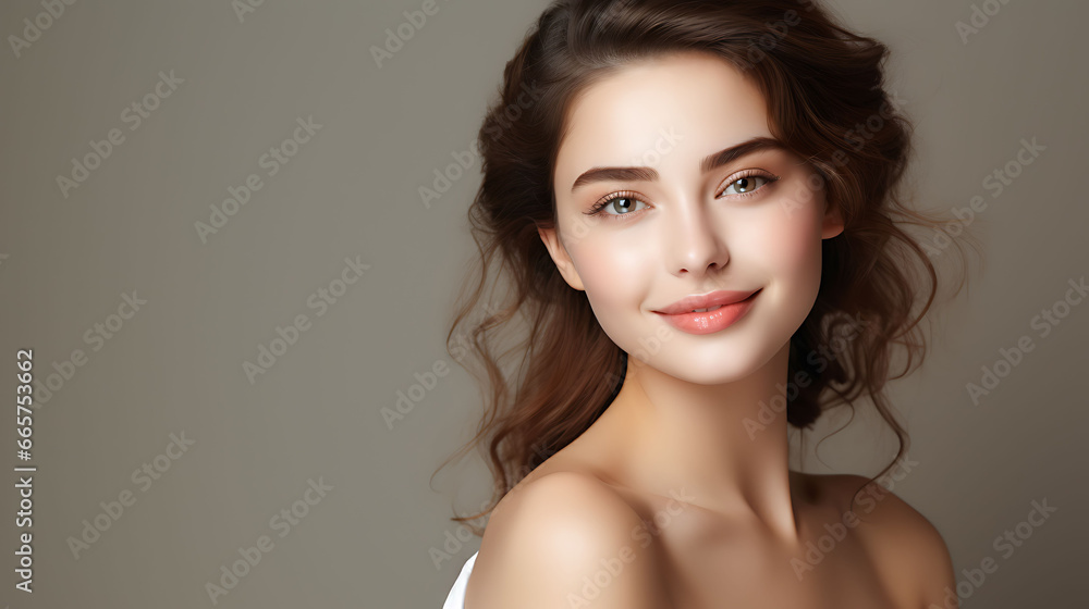 Naklejka premium Portrait of a beautiful young woman with clean fresh skin. Natural make-up.