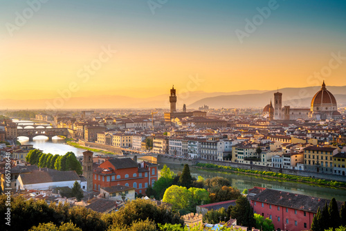 View over Florence with the Dome and Cathedral of Florence  Arno River.Florence Tuscany Italy Europe