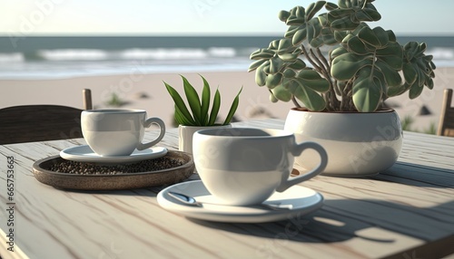 Coffee plant and coffee cups on top table morning © Nuttakarn