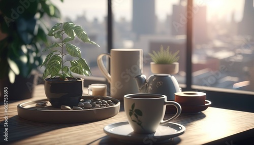 Coffee plant and coffee cups on top table morning