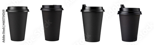 Set of blank black coffee cups with lids. Empty design mock-up for logos and text. High-quality template, isolated on a transparent background. PNG, cutout, or clipping path. © Transparent png