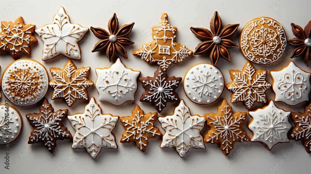 A white table topped with lots of decorated cookies. Christmas cookies. A white table topped with lots of decorated cookies. Christmas cookies.