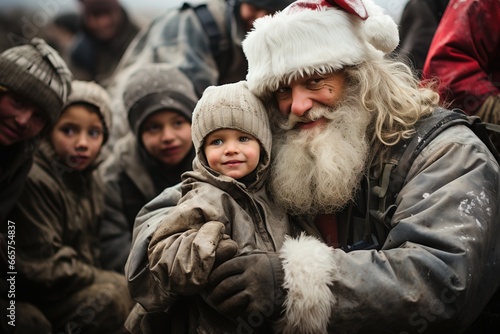 Santa Claus at War Refugee Camp Hugging Children Merry Christmas depicting Love Warmth Peace in Winter Soldiers Army Fighting a Battle Peace no War