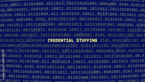 Credential stuffing. Vulnerability text in binary system ascii art style, code on editor screen. Text in English, English text