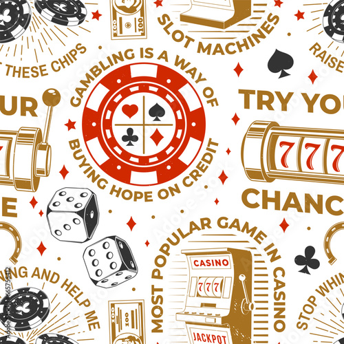 Gambling, casino seamless pattern with wheel of fortune, two dice and skeleton hand holding dollar silhouette. Vector. Concept for casino pattern background or wallpaper.