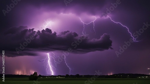 lightning in the night A dramatic scene of a stormy sky, with dark gray clouds and bright purple lightning. 