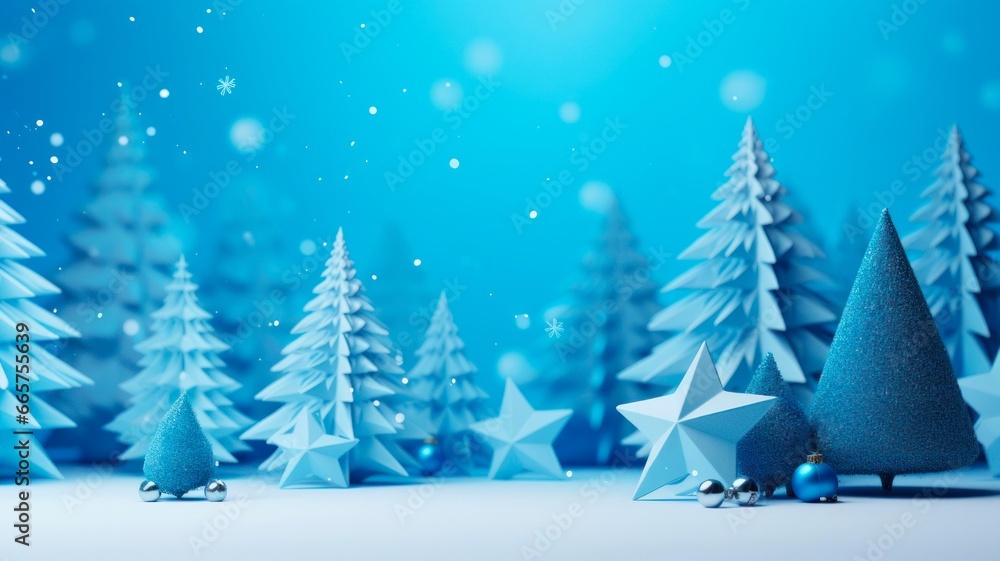Charming Blue Winter Wonderland: Origami Christmas Tree and Snowflakes on a Merry Paper Background