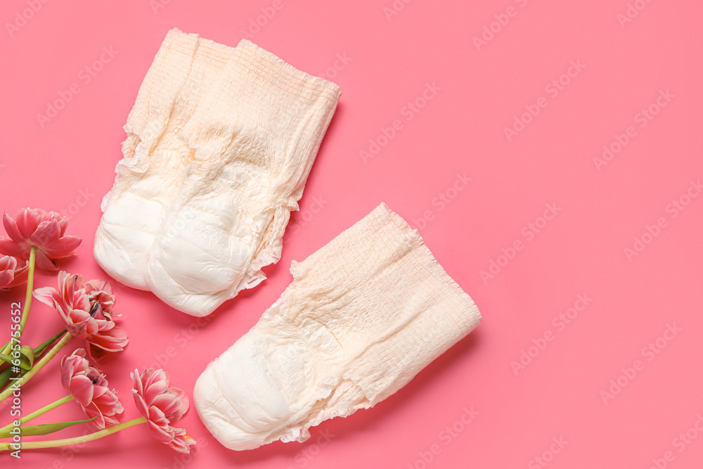 Period panties with flowers on pink background Period panties with flowers on pink background