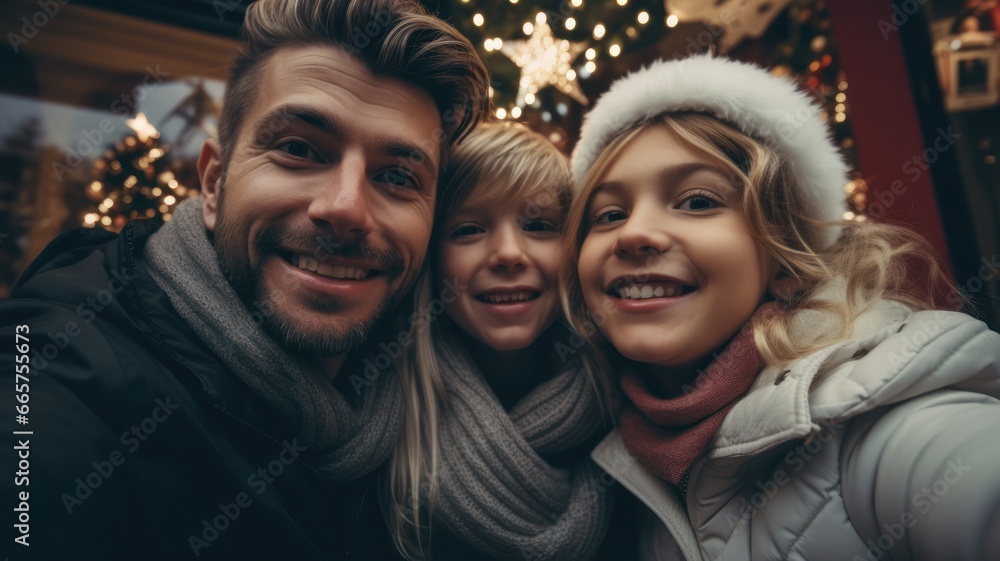 Cheerful Christmas Family Selfie at a Festively Decorated Home