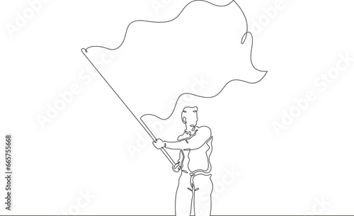 A man with a flag in his hands. Freedom banner. A man holds a flag. A man holds a flag. One continuous line drawing.Linear. Hand drawn,white background.