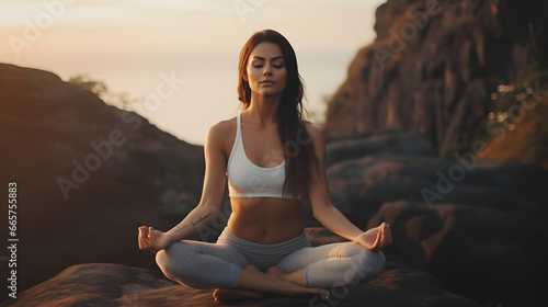 Woman doing yoga on a mountain during sunrise