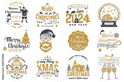 Set of Merry Christmas and 2024 Happy New Year stamp, sticker Set quotes with snowflakes, snowman, santa claus, candy, sweet candy, catholic church. Vector. Vintage typography design for xmas, new