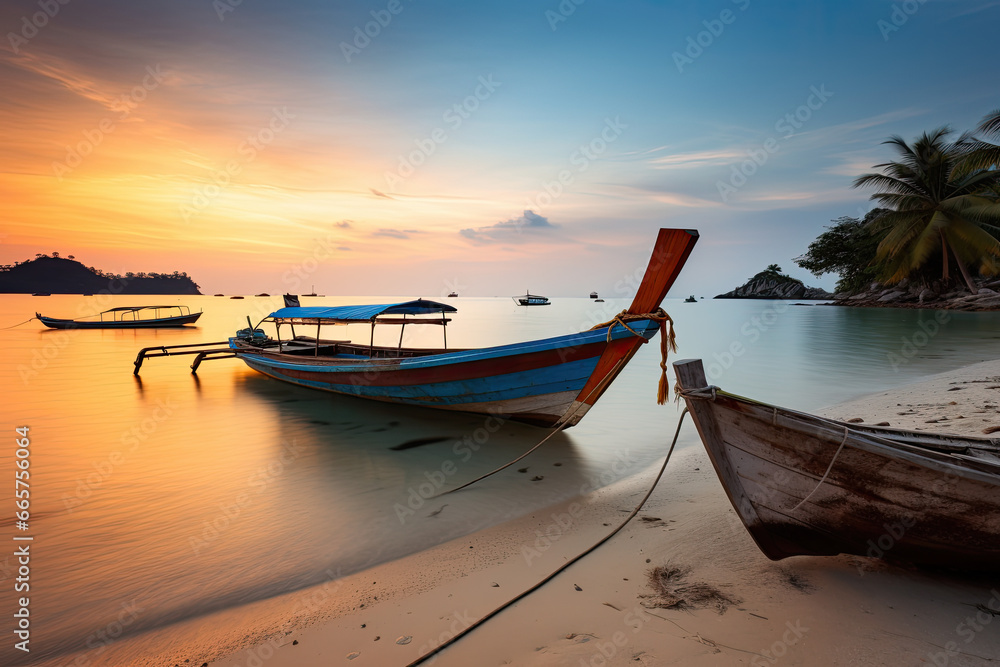 Tranquil Twilight on Koh Mak Beach: Soft Focus Long Exposure Captures the Timeless Beauty of Traditional Thai Boats Anchored Near the Shore During a Warm-Toned Sunset