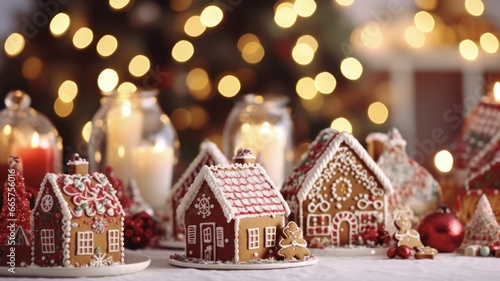 Cozy Christmas Baking Table with Gingerbread Houses and Blurred Lights Background. © Generative Professor