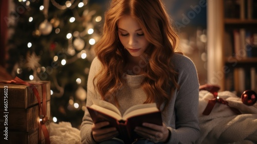 Cozy Christmas Reading: Redhead Lost in a Book by the Fireplace © Generative Professor