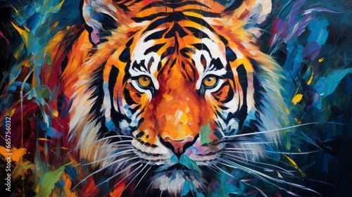 Animal head  portrait art illustration - Colorful abstract oil acrylic painting of colorful tiger  pallet knife on canvas