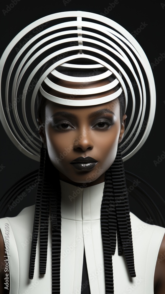A woman with a black and white striped hat. Digital art.