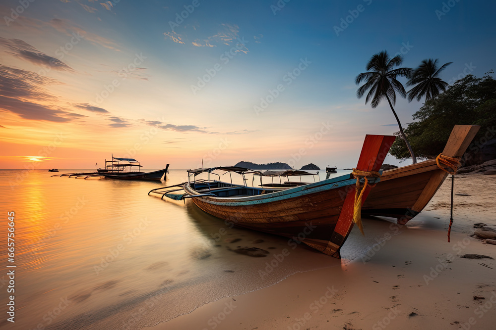 Tranquil Twilight on Koh Mak Beach: Soft Focus Long Exposure Captures the Timeless Beauty of Traditional Thai Boats Anchored Near the Shore During a Warm-Toned Sunset
