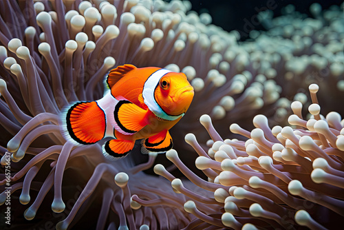 A Playful Clownfish Dances Amongst the Graceful Tentacles of a Colorful Anemone