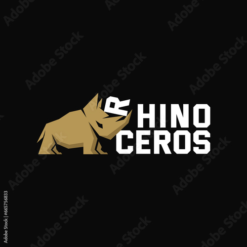 unique creative cute funny elegant modern luxury symbol mascot icon character of african animal rhino or rhinoceros logo on black background, wild beast company strenght sign illustration