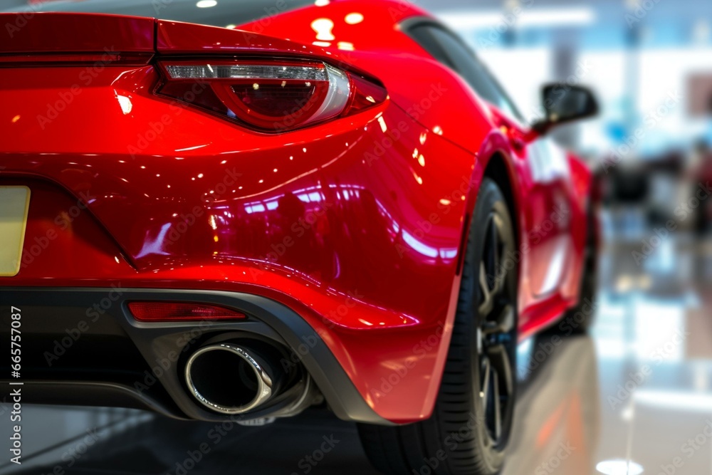 Rear view of a vibrant red car displayed at a dealership. Generative AI