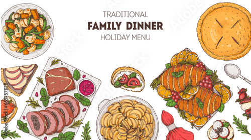 Family dinner. Holiday menu. Food design template. Food and drink set. Hand drawn design template.