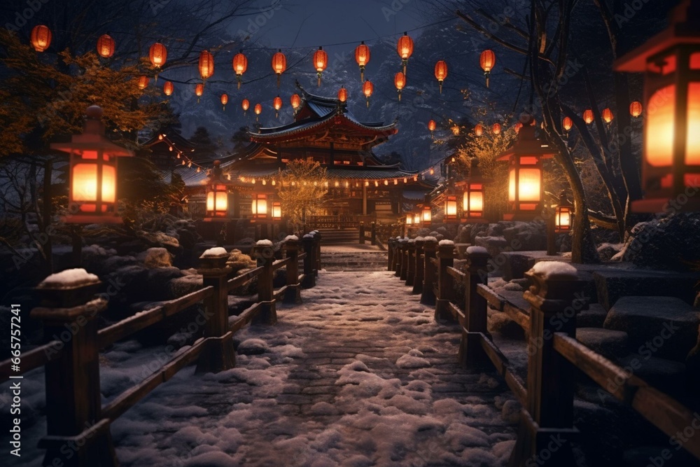 A night view of a shrine's path with lanterns lit up / Location image of New Year's visit / 3D rendering. Generative AI
