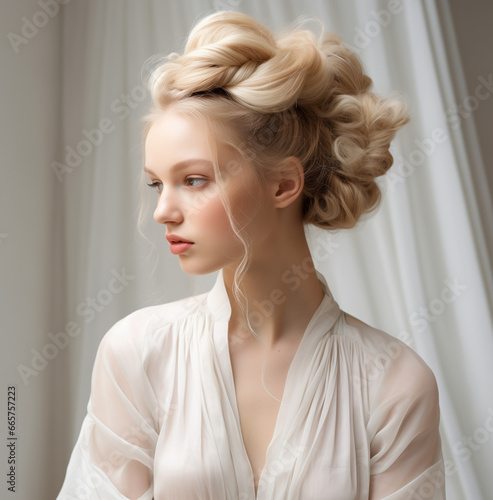 a blond model in a stunning braided bun updo