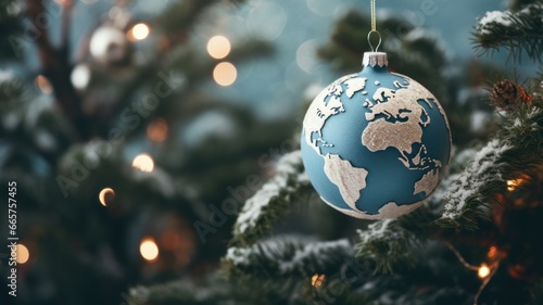 Christmas Earth Globe Ornament Hanging Peacefully on Winter Tree Branch: Perfect for Eco-Friendly Christmas Concept