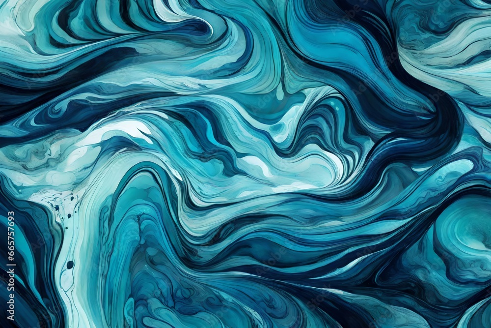 Fototapeta Swirling textures created by amethyst and cobalt paints, resembling an alien landscape Liquid dark blue and green  tendrils of paint intertwining in a mesmerizing abstract dance. 