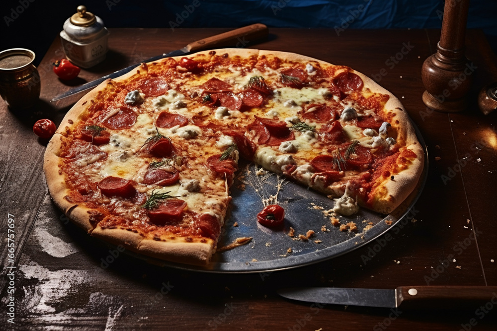 Close-up of delicious taste pepperoni sliced pizza on plate on a wooden table, Ai Generation Close-up of delicious taste pepperoni sliced pizza on plate on a wooden table, Ai Generation