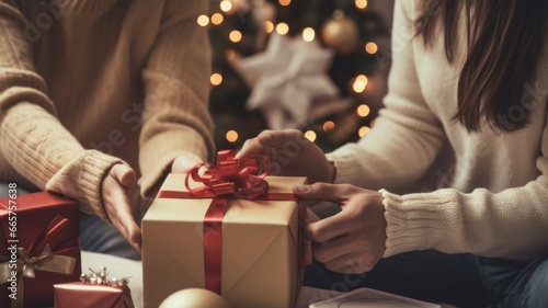Joyful Couple Unwrapping Festive Christmas Gifts at Home