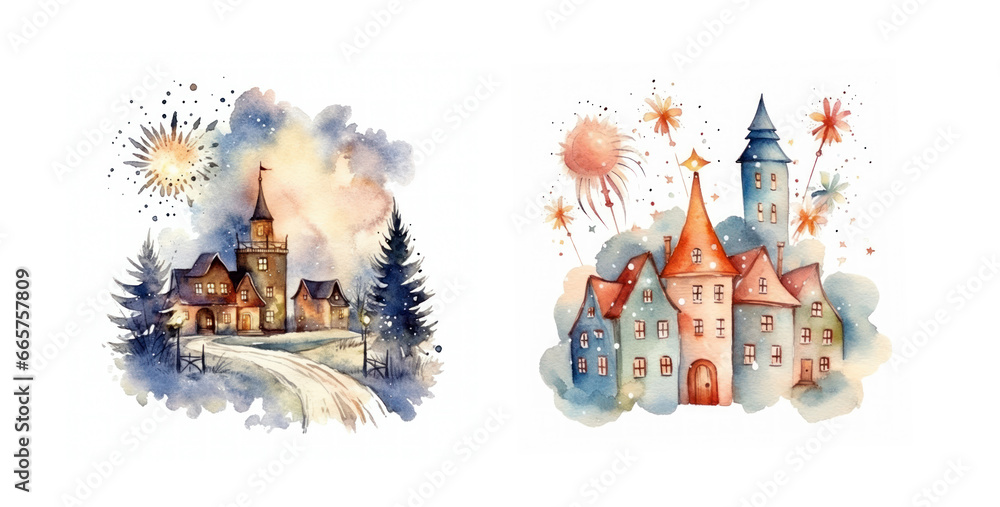 Christmas New Year Watercolor Town Fireworks Party Isolated Generative AI