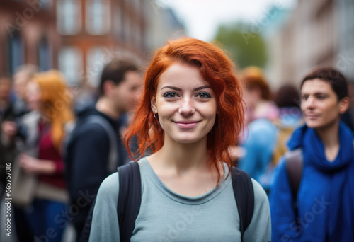 Portrait of a woman with red hair standing on the street © familymedia