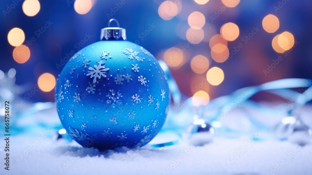 Sparkling Blue Christmas Decorations with Silver Snowflakes and Balls on Snowy Background Sparkling Blue Christmas Decorations with Silver Snowflakes and Balls on Snowy Background